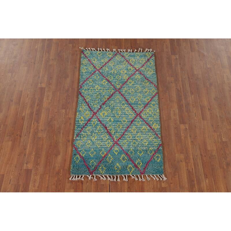 Turquoise Trellis Moroccan Plush Accent Rug Handmade Wool Carpet - 3'0" x 5'4"