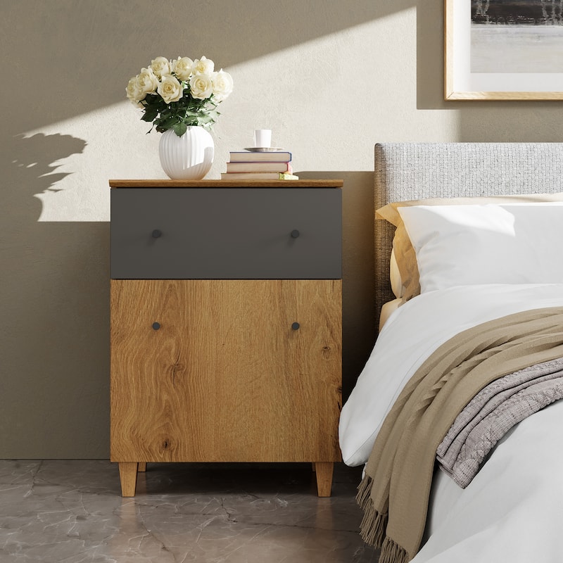 Tall Nightstand with Drawer and Door for Bedroom, 32.4"H - Brown Oak - 1 Pack - 1-drawer