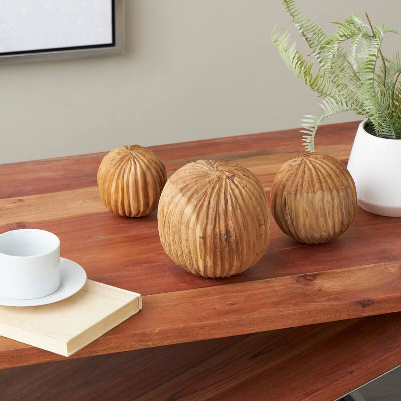 Brown or Black Teak Wood Handmade Carved Textured Orbs & Vase Filler with Ridges (Set of 3) - Brown