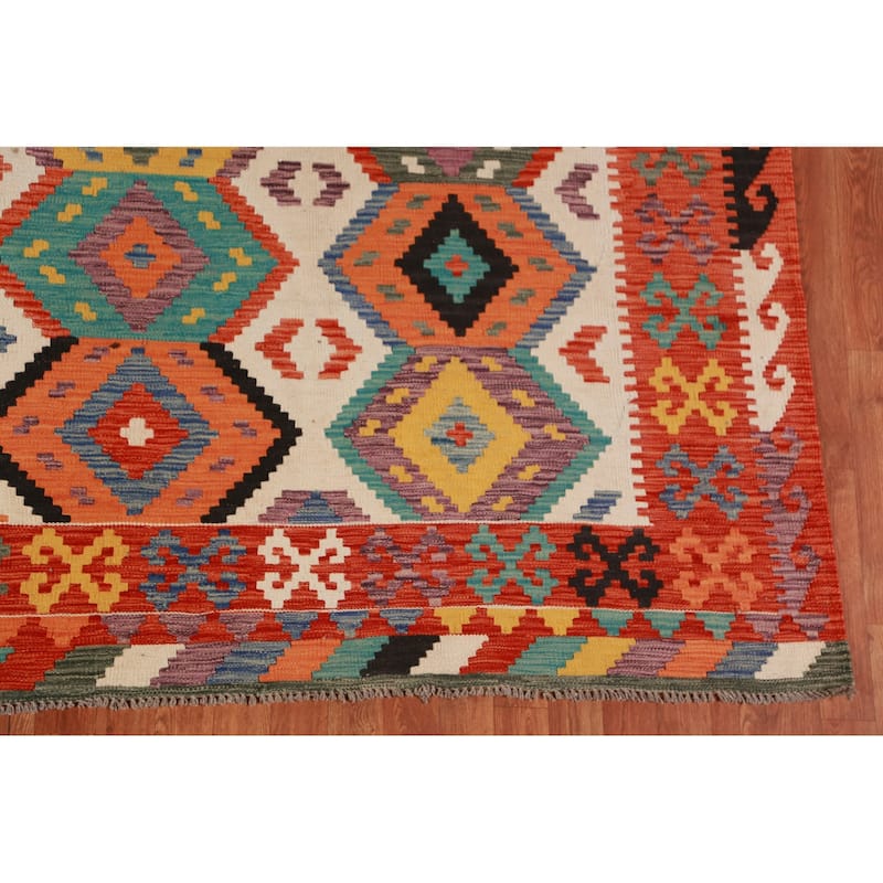 Geometric Kilim Oriental Area Rug Hand-Woven Reversible Wool Carpet - 8'8"x 11'2"