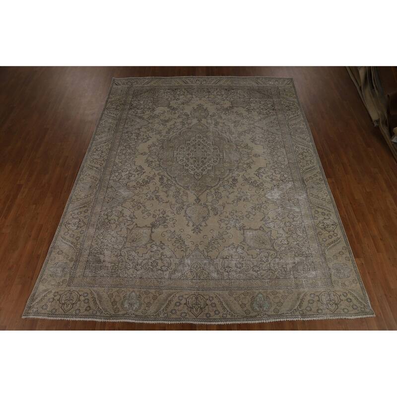 Traditional Tabriz Persian Vintage Rug Handmade Beige Wool Carpet - 9'7" x 12'1"