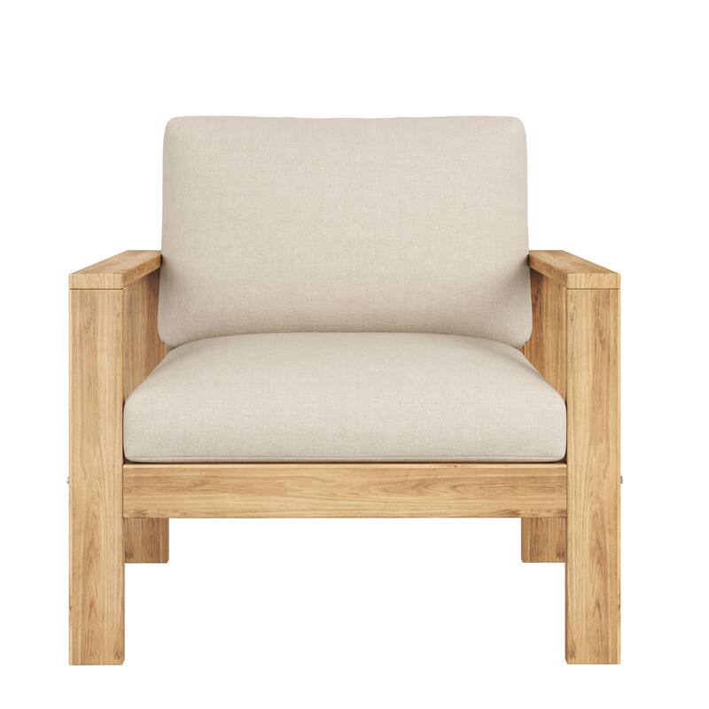 Outdoor Wood Patio Sofa Set with Water-Repellent Cushions, 3-Seater Sofa with Ottoman & Coffee Table
