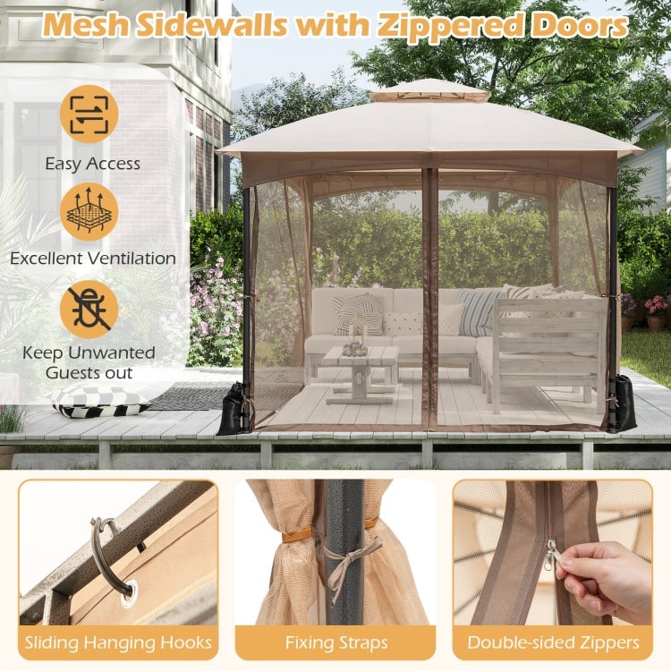 Heavy-Duty Patio Gazebo with Netting Walls and 4 Sandbags-Khaki