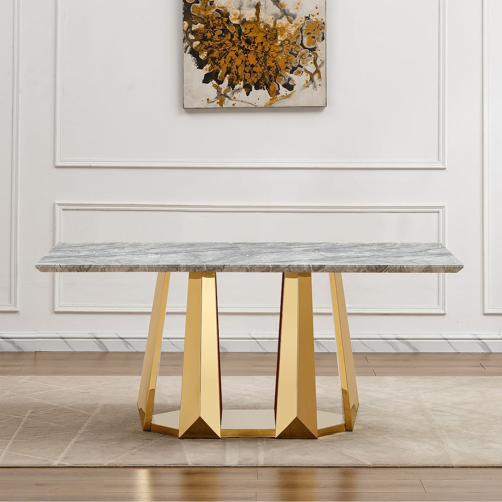 70'' Rectangle Faux Marble Dining Table with Mirrored Finish Stainless Steel Base - Grey+Gold
