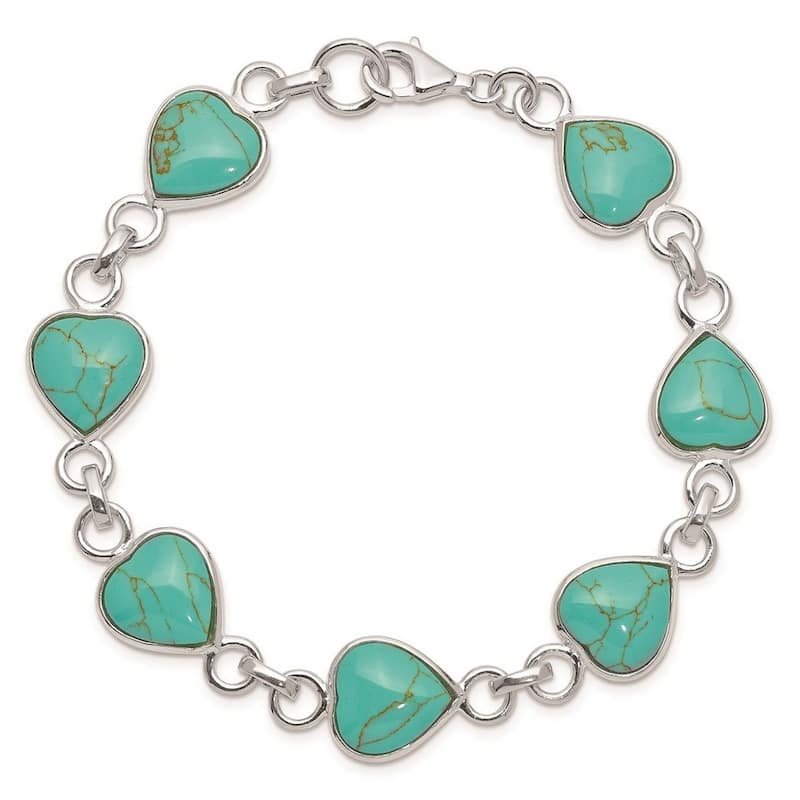 Curata 925 Sterling Silver 7" Heart shaped Created Turquoise Station Bracelet