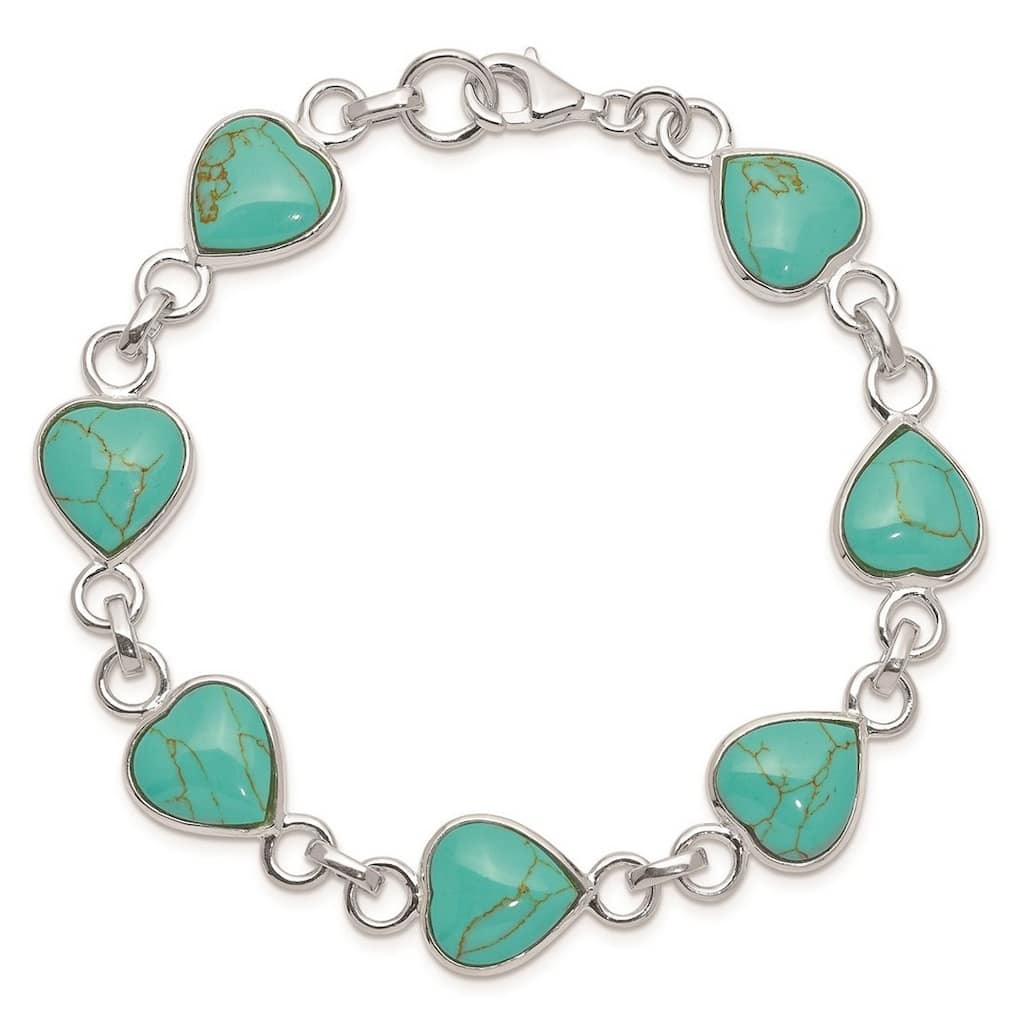 Curata 925 Sterling Silver 7" Heart shaped Created Turquoise Station Bracelet