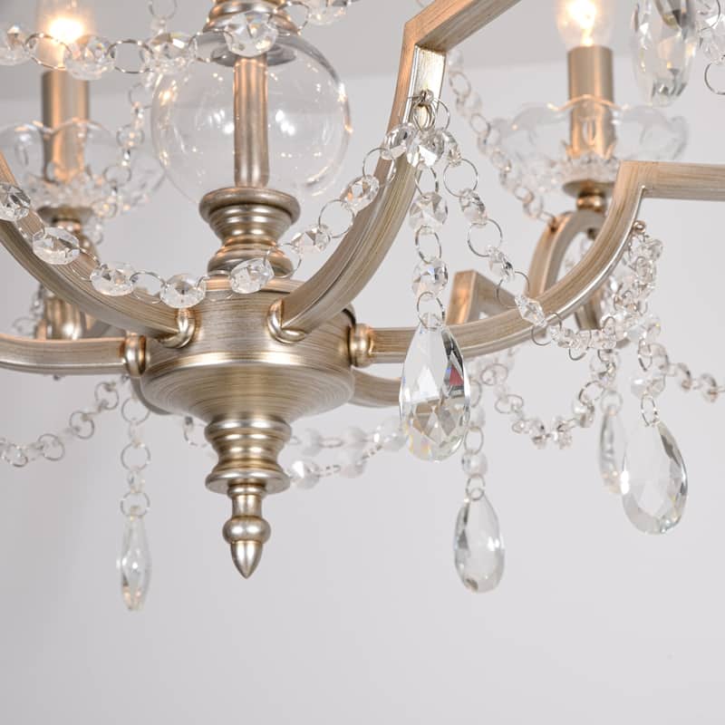 25.2" W Modern Luxury Crystal Beaded 6-Light Chandelier with Vintage Silver Finish and Candle Arms