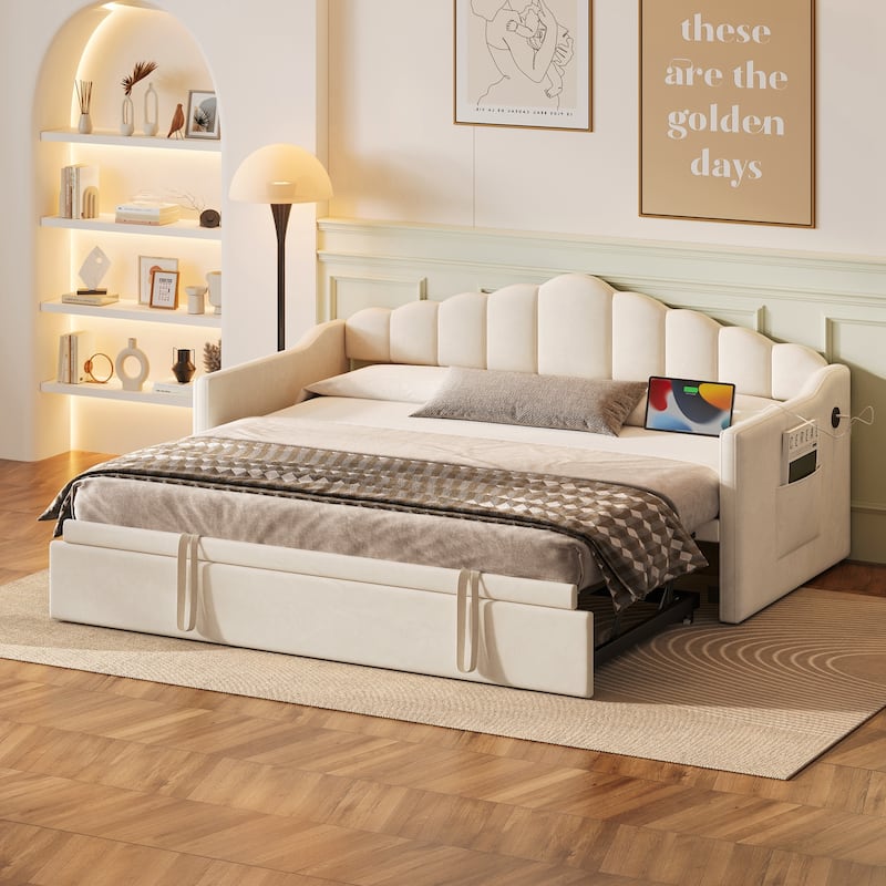 Upholstered Twin Size Daybed with Adjustable Height Pop Up Trundle Twin Bed and USB & Type-C Charging Port, Day Bed Frame