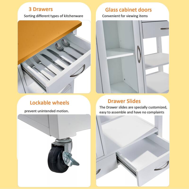 31" Rolling Kitchen Island Cart with Walnut Wood Top, Drawers, Glass Door Storage Cabinet & Towel Bar