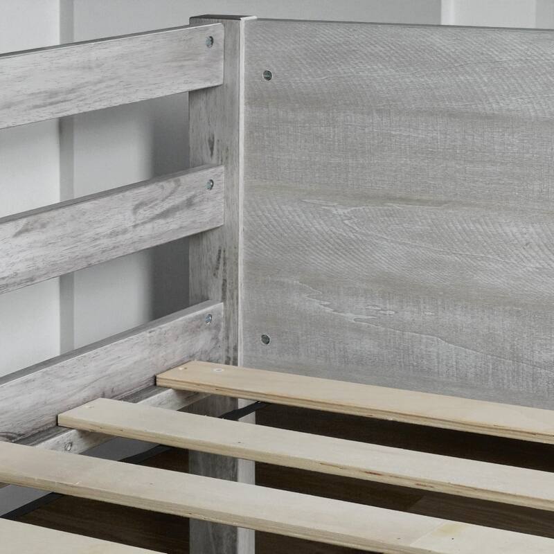 Twin Over Twin Floor Bunk Bed with Ladder and Guardrails, Solid Rubber Wood Frame with Panel Headboard and Footboard