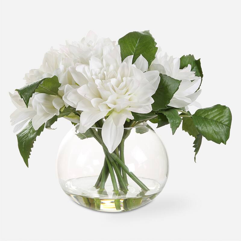 Artificial Dahlia Floral Centerpiece in a Glass bowl - 12" - White and Green