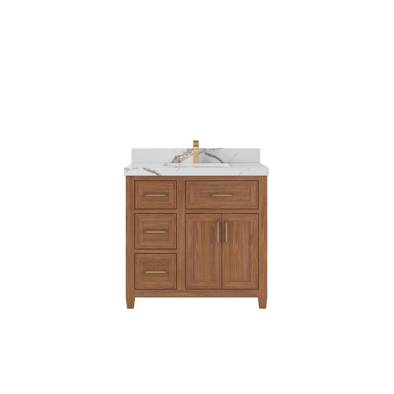 Willow Collections 36 in. W x 22 in. D Santa Monica Teak Bathroom Vanity Center with Countertop - 2”Calacatta Gold - Dark Natural Teak