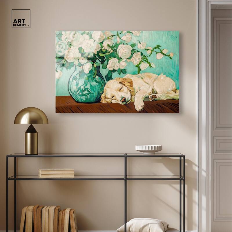 Rose Vase Puppy Acrylic by Art Remedy, Ready to Hang