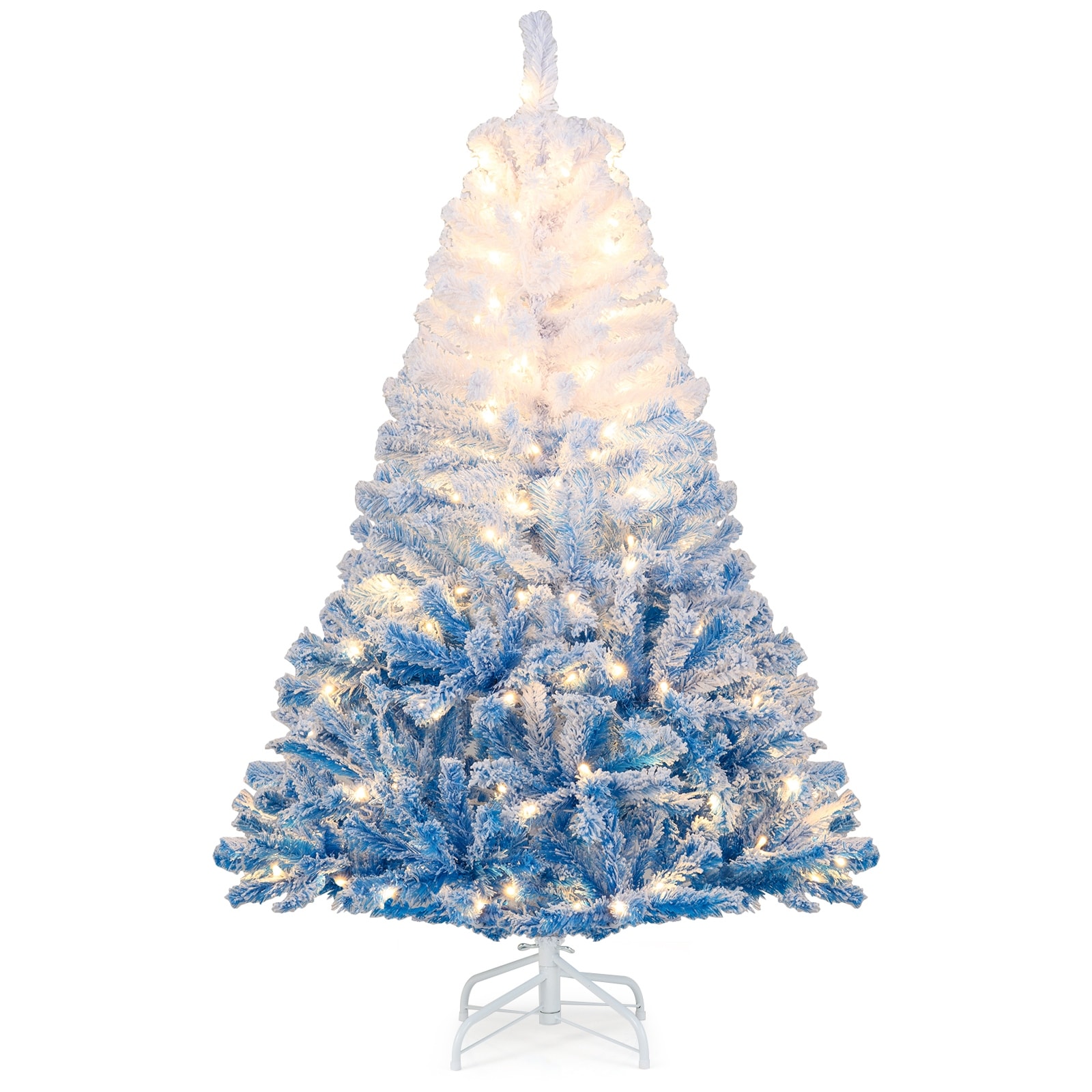 Gymax 5/6/7/8 FT Artificial Christmas Tree Hinged Snow Flocked Xmas - Blue, White