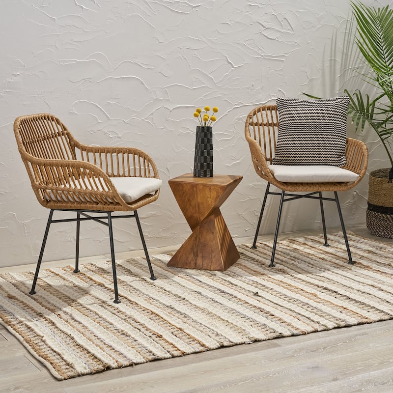 Set of 2 Modern Indoor/Outdoor Rattan Accent Chairs with Metal Legs - Brown+Beige