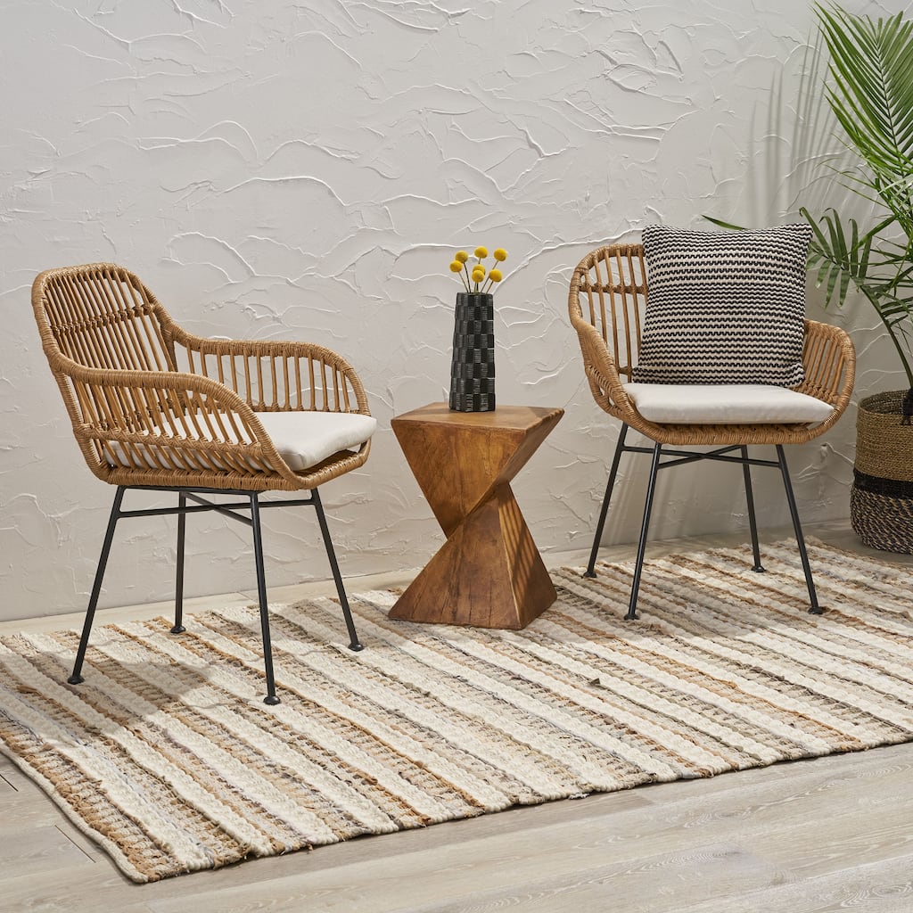Set of 2 Modern Indoor/Outdoor Rattan Accent Chairs with Metal Legs