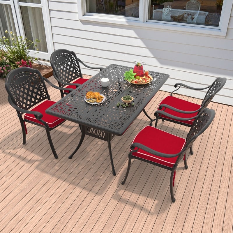 5/7-Piece Cast Aluminum Outdoor Dining Set with 58.27'' L X 34.65'' W Rectangular Table and Seat Cushions - Black( 5-Piece Sets-B)