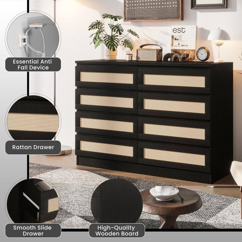 6/8 Drawer Rattan Dresser for Bedroom, Double Wood Chest of Drawers for Closet, Nightstand, TV Stand