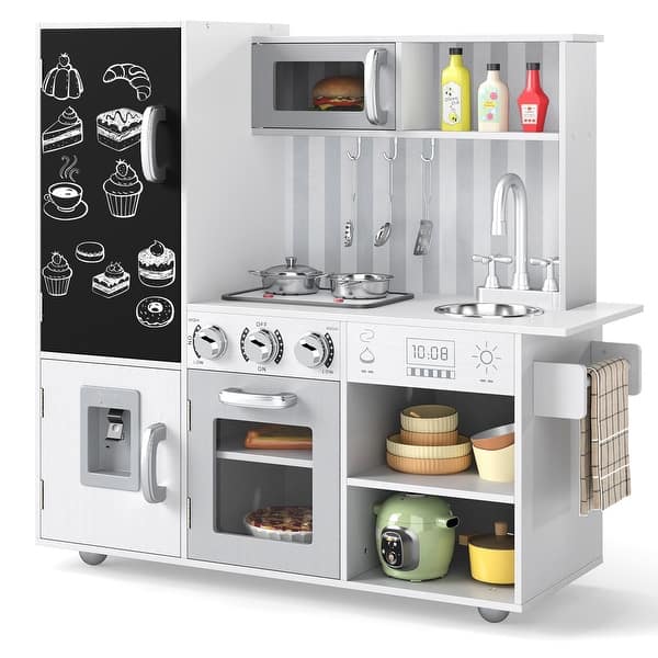 slide 2 of 10, Gymax Play Kitchen Toy Set w/ Chalkboard Oven Sink Faucet Stove Water Grey