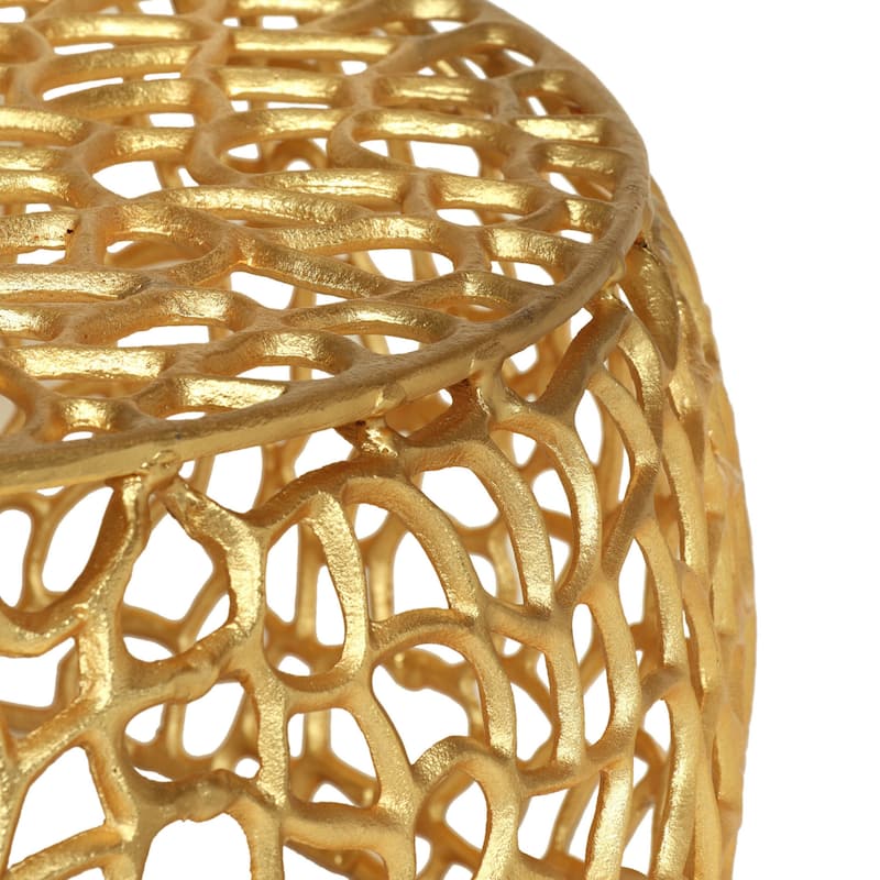 Coffee Table, 28 Inch Round Plinth Mesh Design, Open Gold Metal Frame