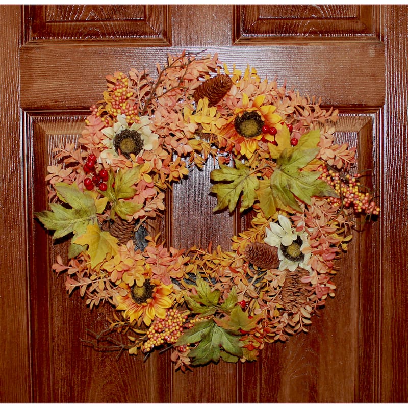21" Artificial Fall Berries Sunflower Grass and Leaves Wreath on Natural Twig Base - 21