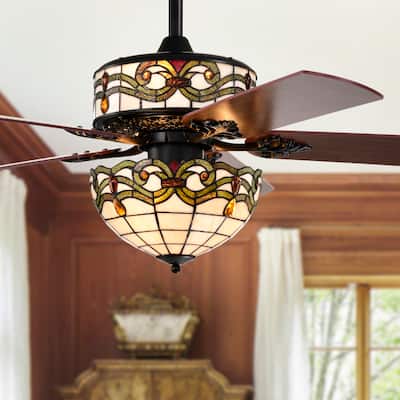 Elke Black Tiffany Style Two Tiered Lighted Ceiling Fan White and Green Shade with Remote Control - WhiteGreen