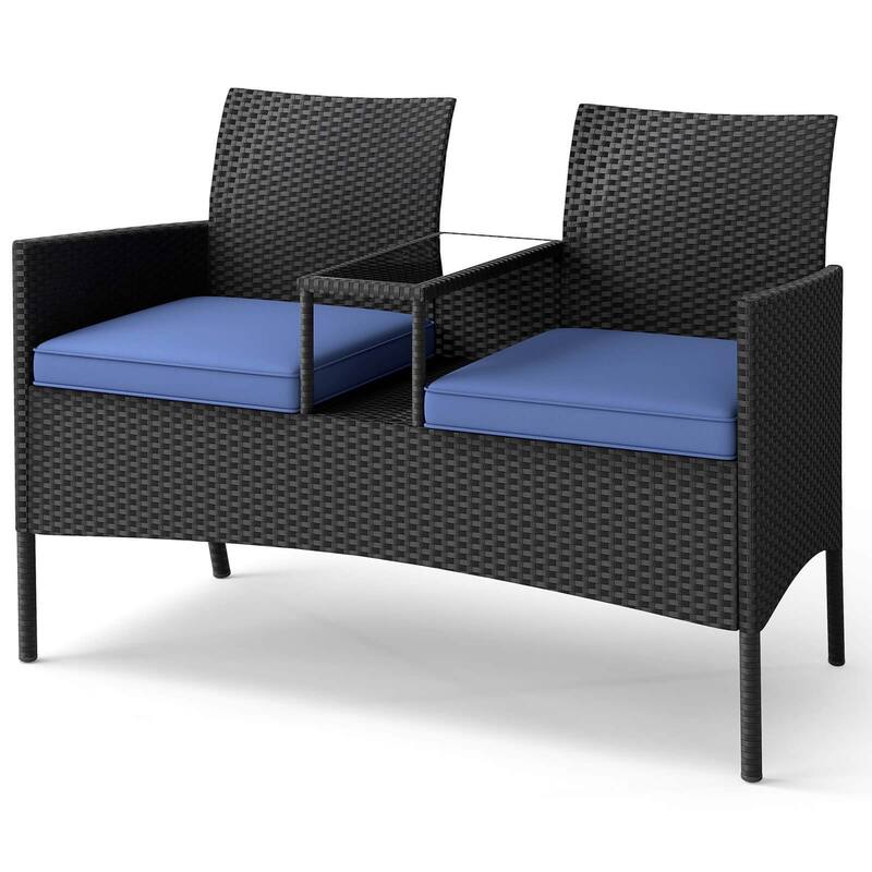 Patio Conversation Set Outdoor Rattan Loveseat w/Built-in Coffee Table - Navy