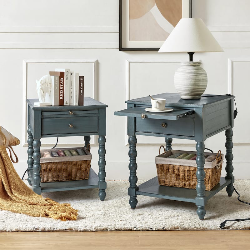 Eric Traditional 26" Tall Solid Wood End Table with Built-in Charging Station and Extendable Tray Set of 2 by HULALA HOME - Blue
