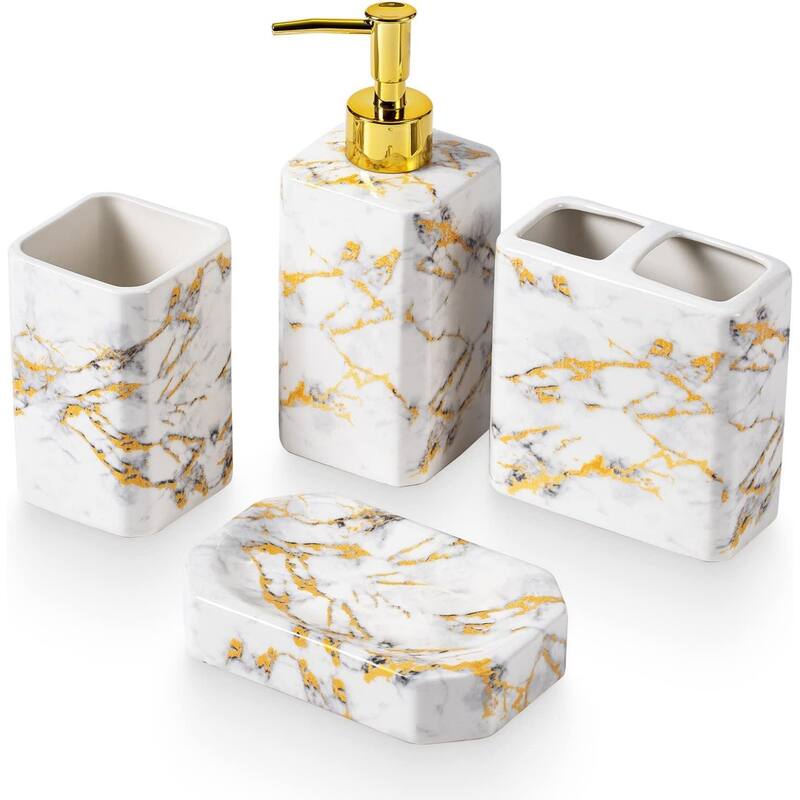 4-Piece Bathroom Accessories Set, Lotion Dispenser, Toothbrush Holder and Soap Dish, Glossy Finish (Black and White) - White