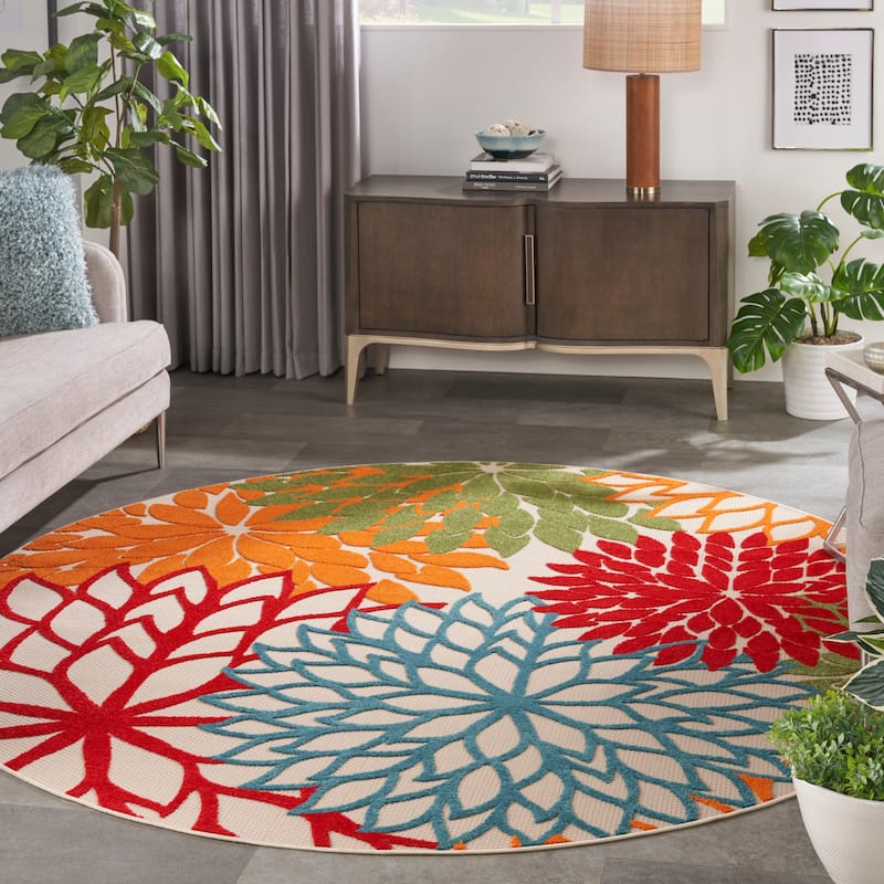 Nourison Aloha Floral Modern Indoor/Outdoor Area Rug - 10' Round - Red Multi Colored