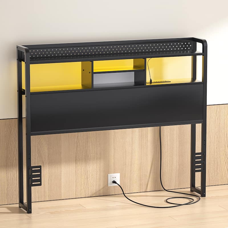 Bed Headboard with Storage Shelf and Charge Station, Height Adjustable Headboard with LED Light - Black - Full