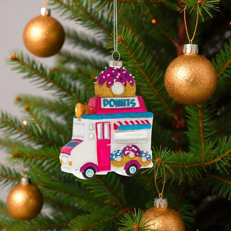 4.75" Gliitered Donut Truck Glass Christmas Ornament