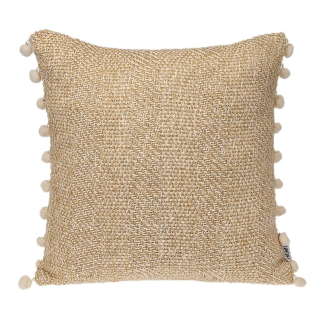 Woven Square Throw Pillow with Pom Pom - 18" - Beige