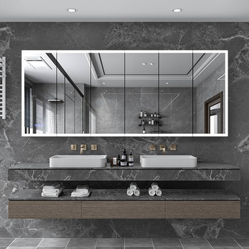 GDFStudio Elowen Aluminum Glass LED Medicine Cabinet with Anti-Fog Storage - 96*40 - Silver