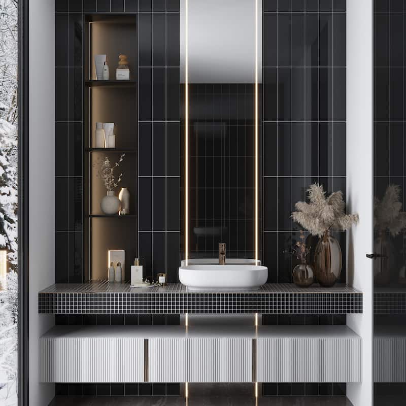 Apollo tile 12" x 12" Colorway Glossy Black Glass Tile (9.67 sq ft/case) - 10 Pack