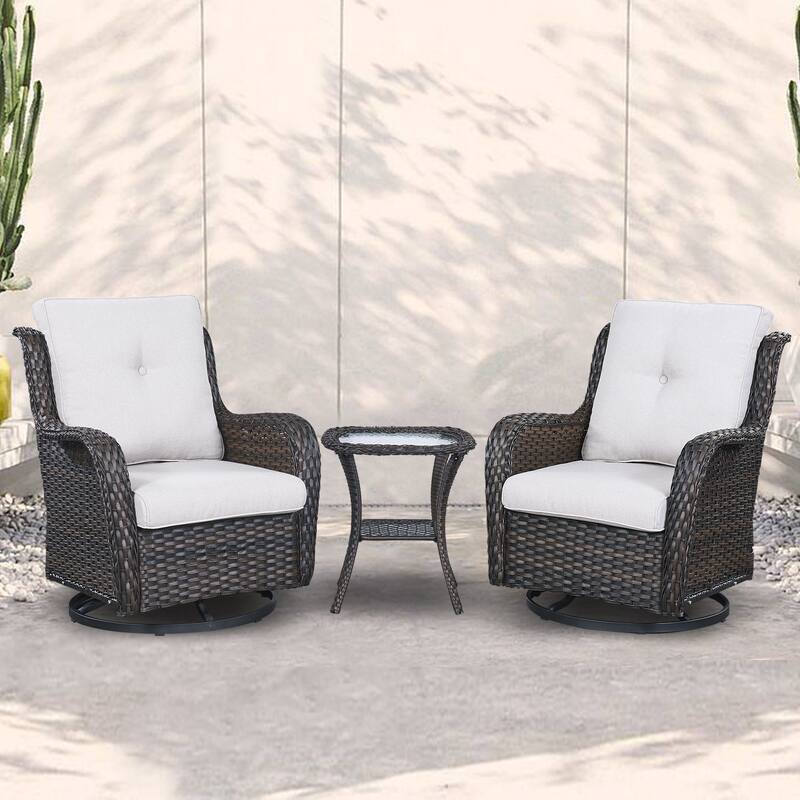 Outdoor Swivel Rocker Wicker Patio Chairs Set of 3 - Brown - Beige