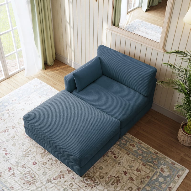 Modern Corduroy Upholstered Sectional Chaise Lounge with Ottoman