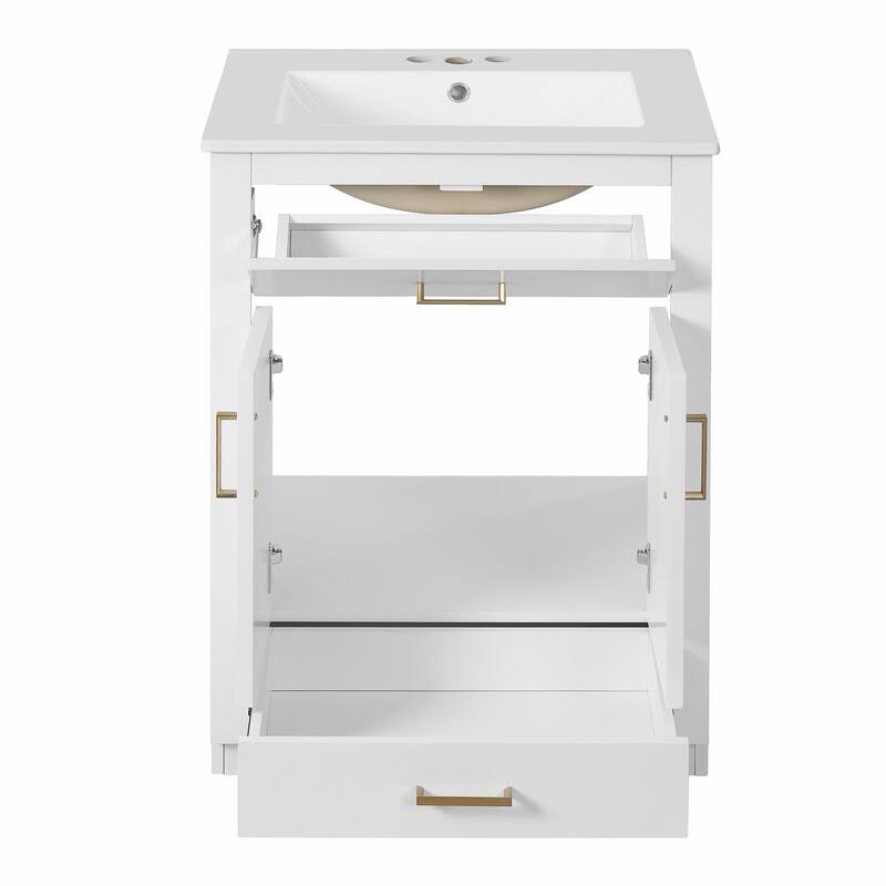 24" Bathroom Vanity with Integrated Ceramic Sink, Cabinet with 2 Doors, 1 Tip-out Drawer