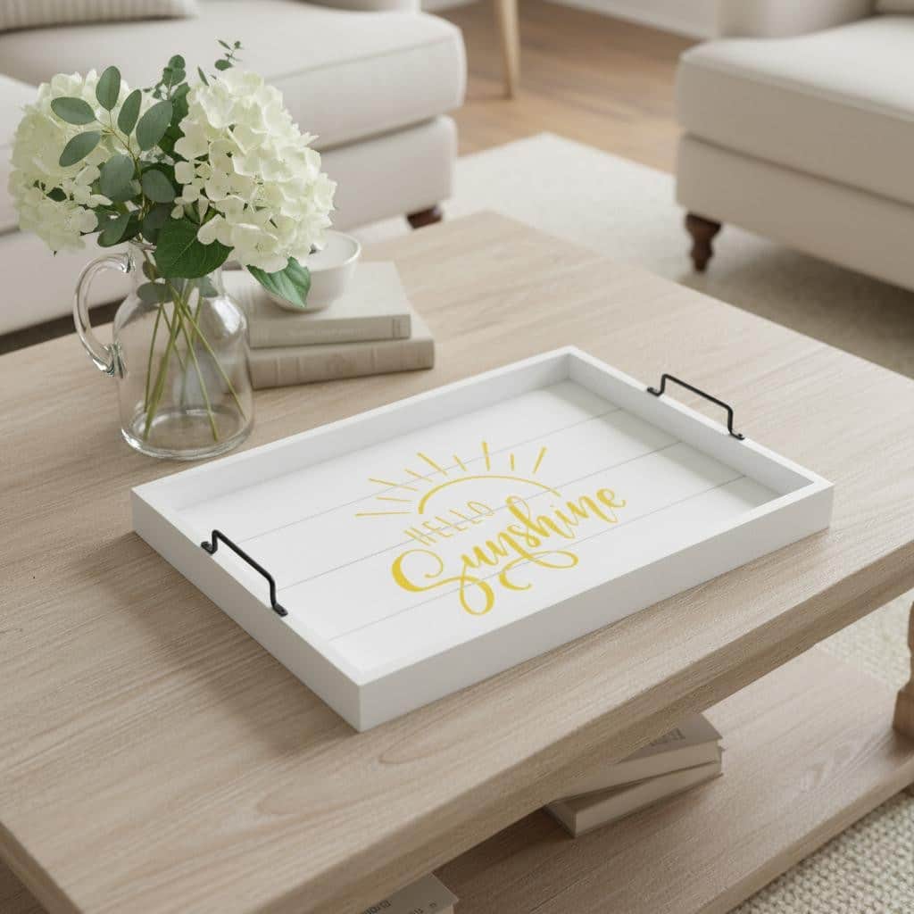 HomeRoots 16" White And Yellow Hello Sunshine Serving Tray With Handles - 15.50 in. x 2.25 in. x 12.00 in.