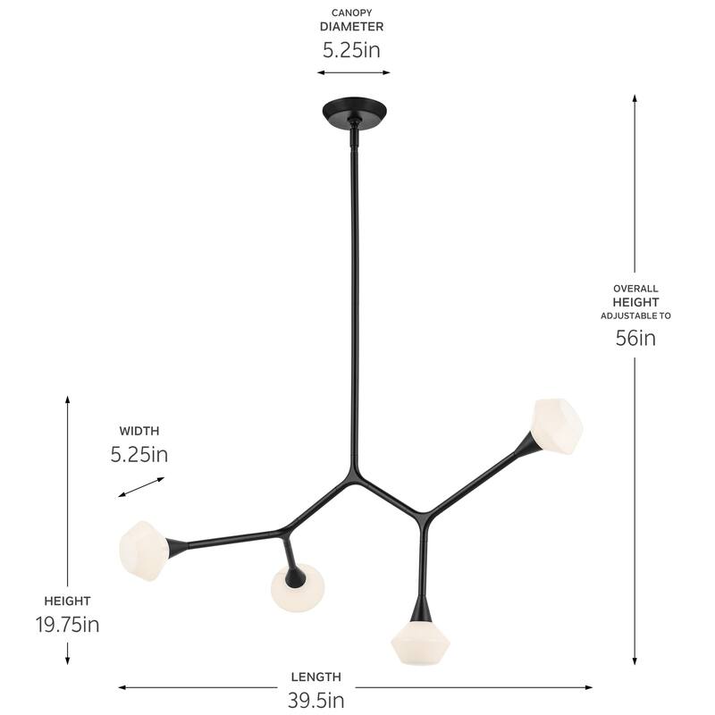 Cassius 39.5 Inch 4 Light Convertible Chandelier with Opal Glass in Black