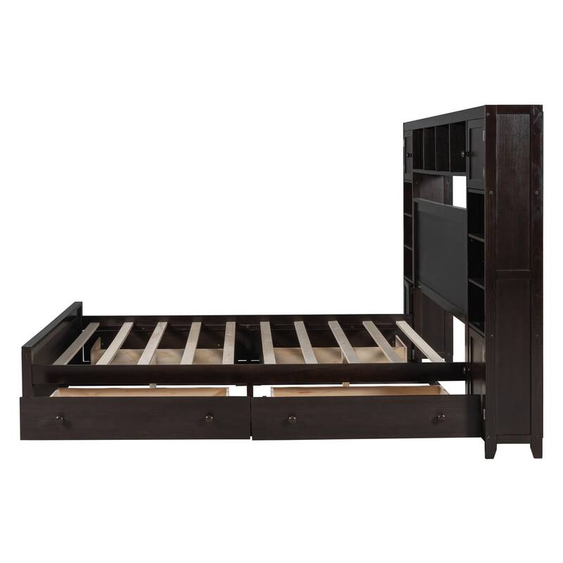 Queen Bed Frame with All-in-One Cabinet, Shelves, and Charging Outlets