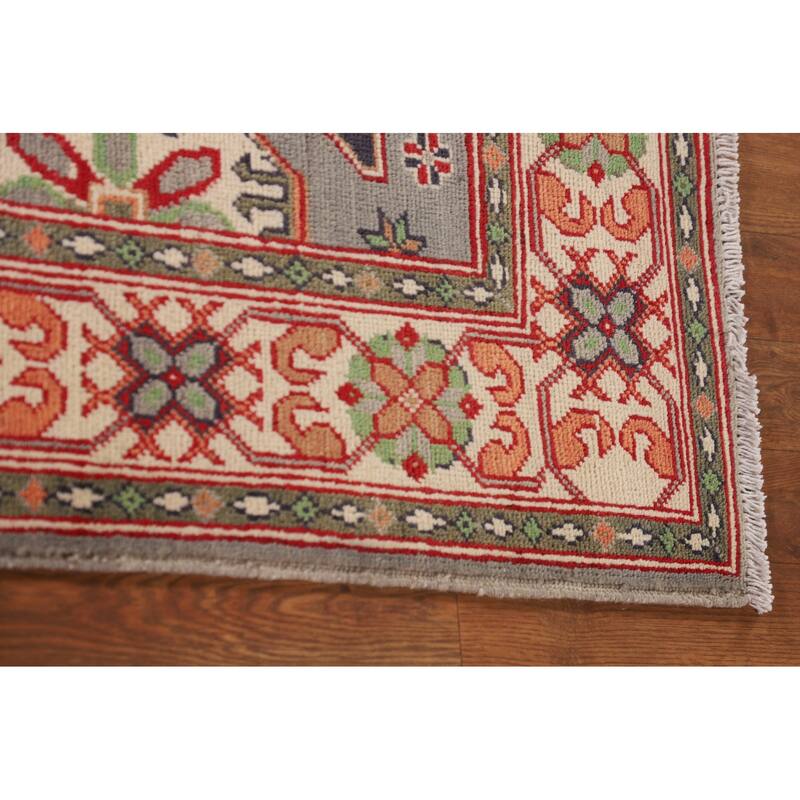 Gray Geometric Kazak Oriental Accent Rug Handmade Wool Carpet - 3'4"x 4'10"