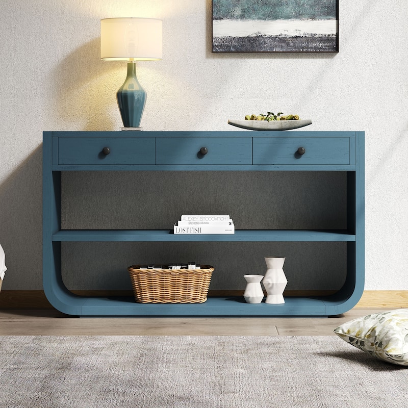 Christopher Knight Home - Modern Entryway Curved Console Table with Soft-Close Drawers & Open Shelves for Living Room, Hallway - Blue