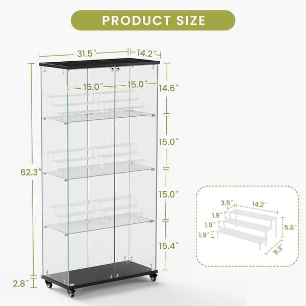 dimension image slide 1 of 24, Glass Display Cabinet with Doors & Locks, Acrylic Shelves, Floor Standing Storage Showcase for Home or Office