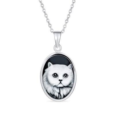 Vintage Antique Style Black Onyx Cat Cameo Pendant Necklace Sterling Silver