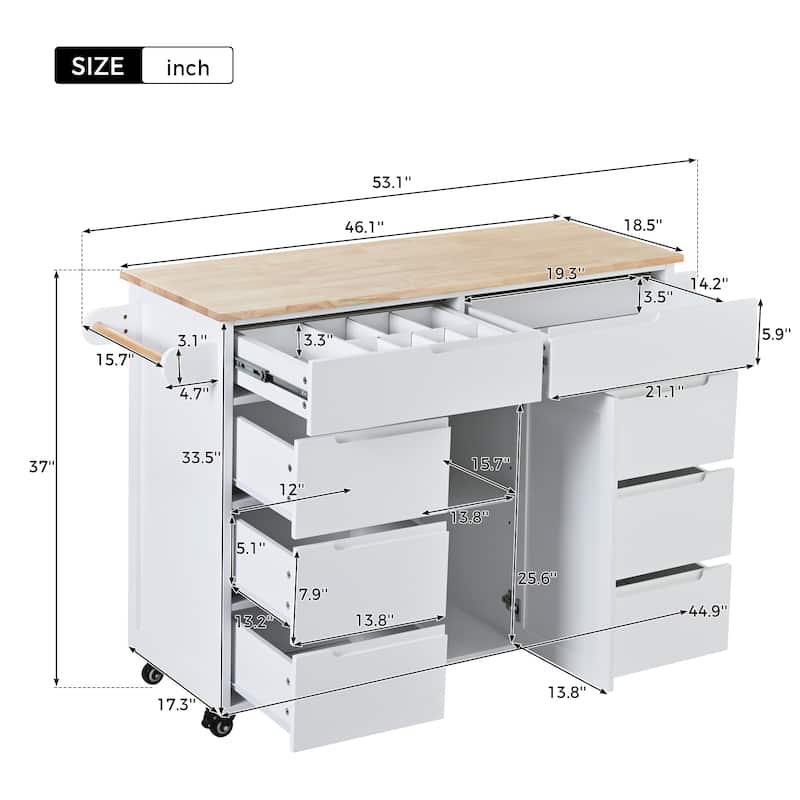 Kitchen Cart,Kitchen Island with Rubber Wood Countertop with 8 Handle-Free Drawers and 5 Wheels