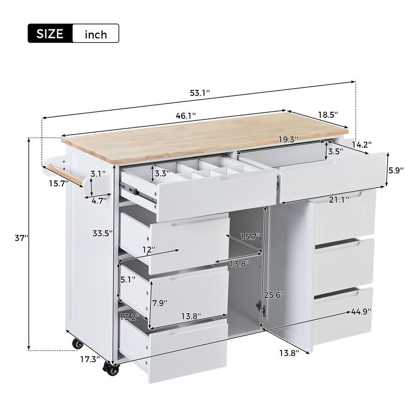 Rolling Cart, Wooden Kitchen Island with Rubber Wood Countertop, 8 Drawers, Towel Rack and Spice Rack for Kitchen, Dinning Room