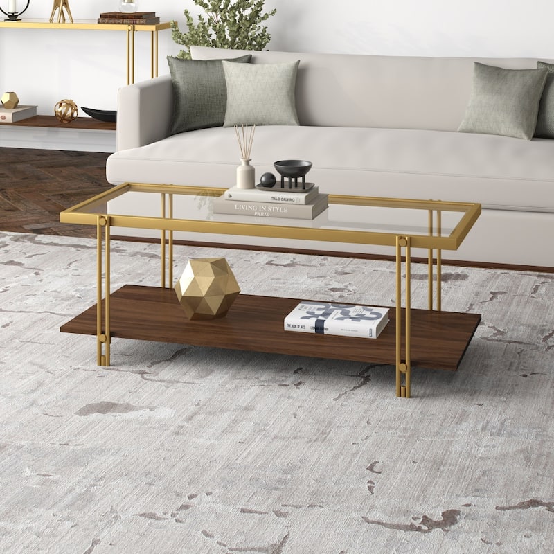 Stylish 45" Coffee Table with Brown Glass Top Gold Steel Legs and Storage Shelf for Living Room - 45"L x 20"W x 17"H