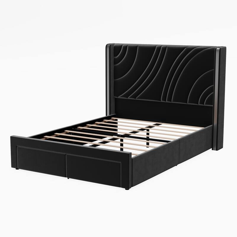 Full Size Modern Upholstered LED Bed Frame with Storage Drawers