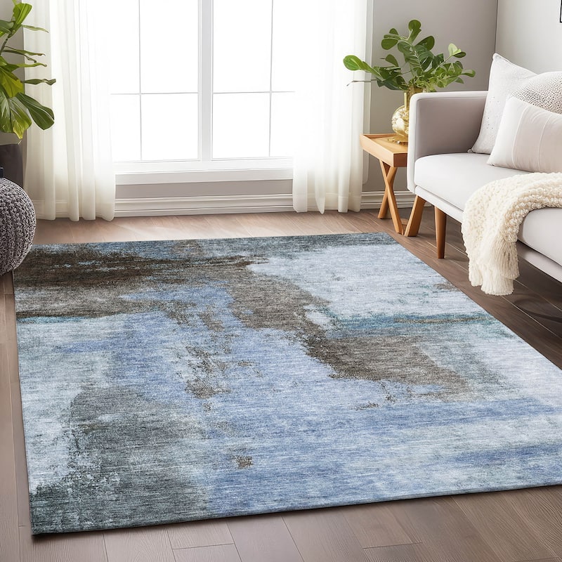 Machine Washable Indoor/ Outdoor Contemporary Abstract Chantille Rug - Blue - 9' x 12'